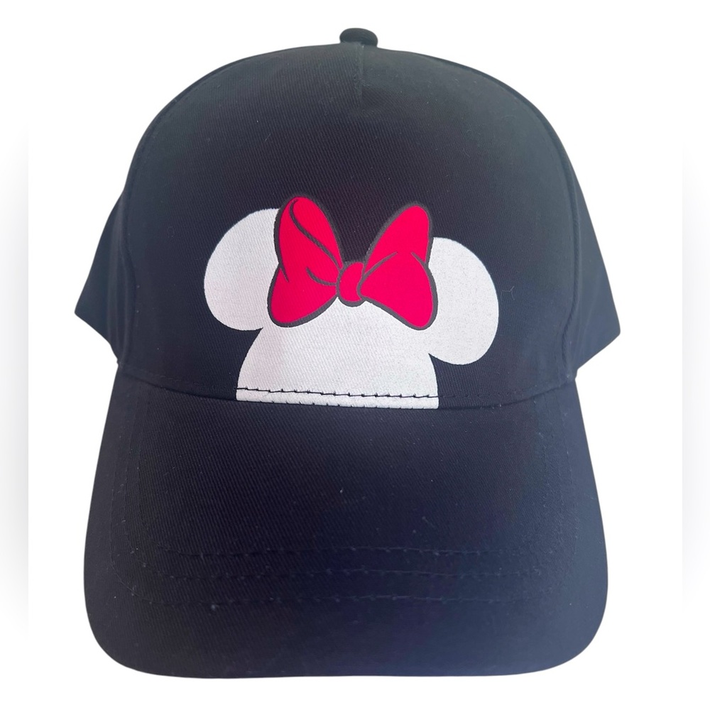 Disney Black Baseball Hat with a White Minnie Mouse Wearing a Red Bow Appliqué.